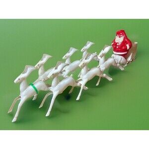 Christmas Santa Claus White Sleigh 7 Reindeer Plastic Container Display MCM Vtg